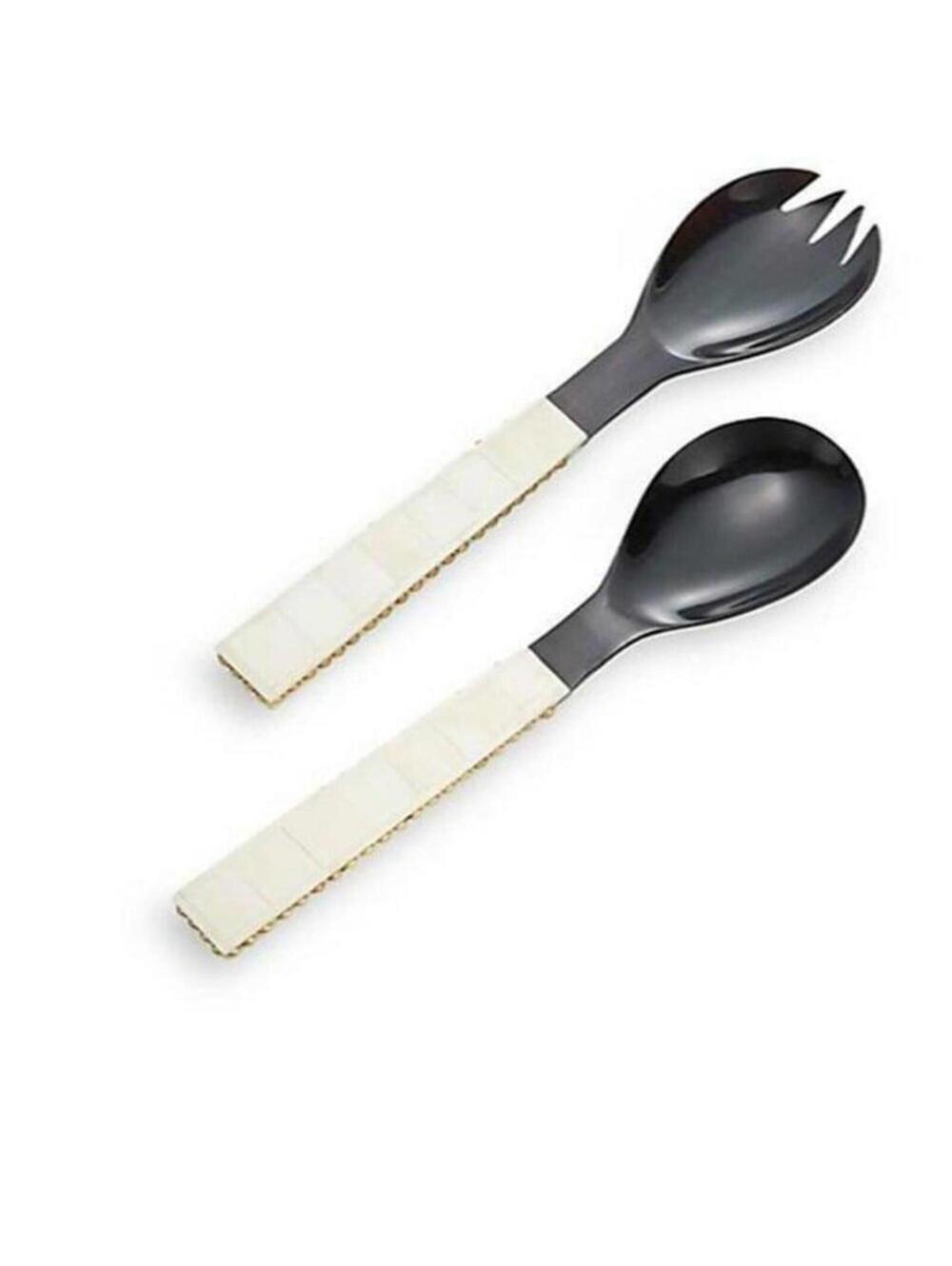 Shiraleah Bone & Horn Salad Server Spoon Fork Set Black & Ivory Rivet Accent NEW